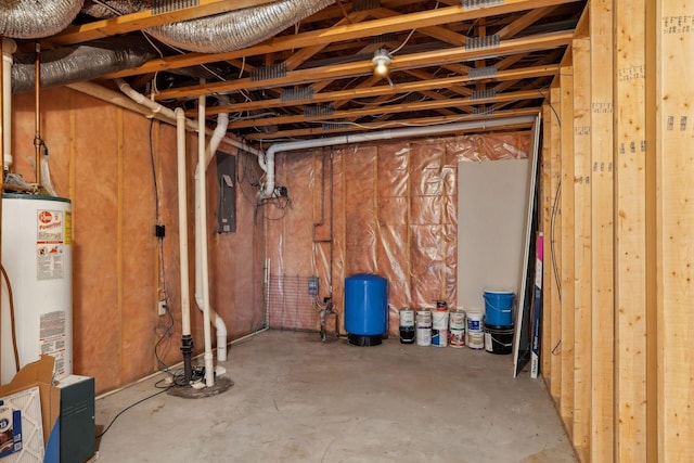 basement with electric panel and gas water heater