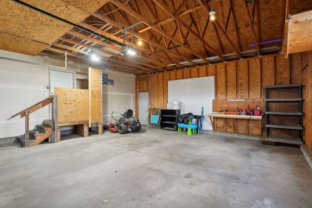 garage with a workshop area