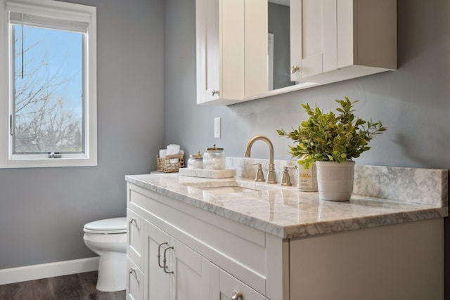 bathroom featuring plenty of natural light, toilet, wood-type flooring, and vanity