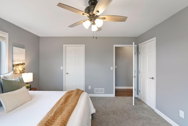 bedroom featuring carpet flooring and ceiling fan