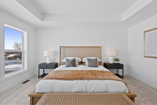 bedroom with a tray ceiling and light carpet