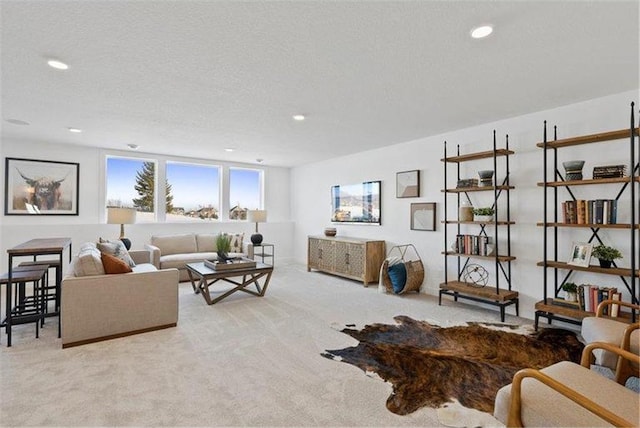 living room featuring light carpet and a textured ceiling