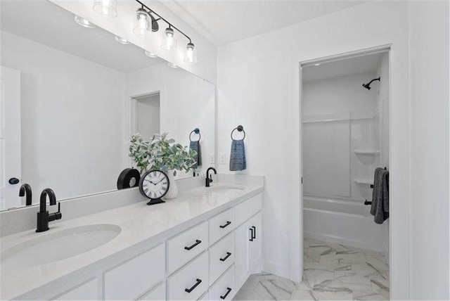 4098 Gable Ln, Woodbury, MN 55129 - bathroom with shower / washtub combination, marble finish floor, a sink, and double vanity