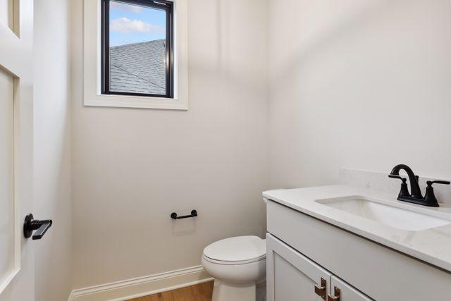 bathroom with vanity, toilet, and wood-type flooring