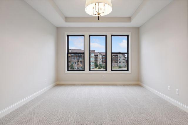 carpeted empty room featuring a raised ceiling