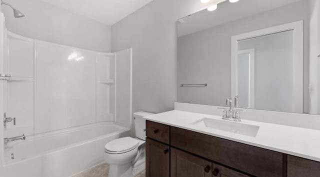 bathroom featuring toilet, shower / bath combination, and vanity