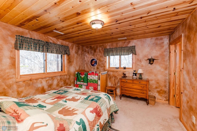 bedroom featuring wooden ceiling and light colored carpet