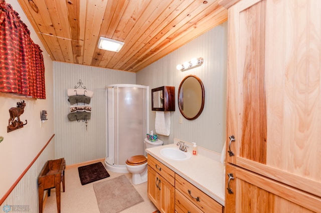 bathroom featuring wooden ceiling, a shower with door, vanity, and toilet