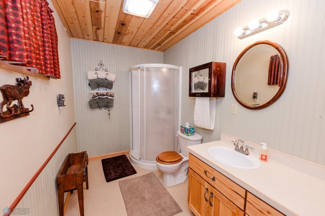 bathroom with an enclosed shower, vanity, toilet, and wood ceiling