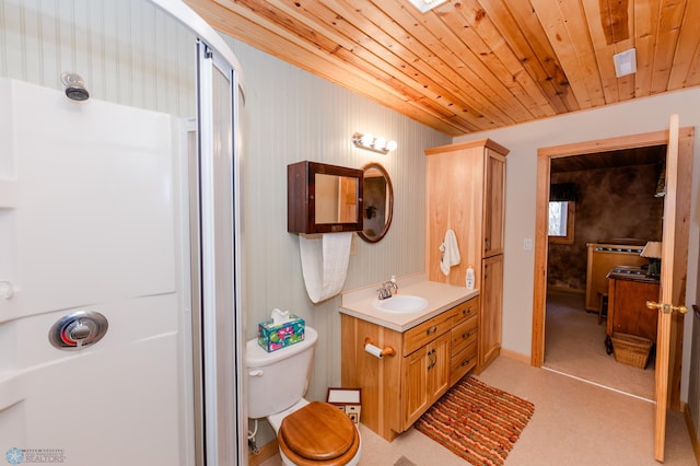 bathroom featuring walk in shower, vanity, toilet, and wooden ceiling