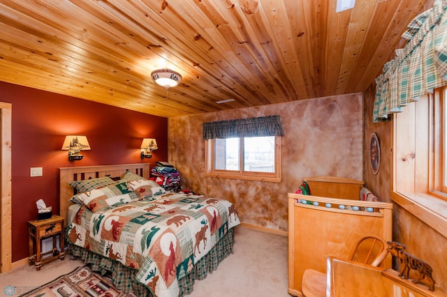 bedroom featuring light colored carpet and wood ceiling