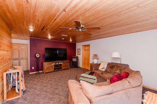 living room featuring carpet, wooden ceiling, and ceiling fan