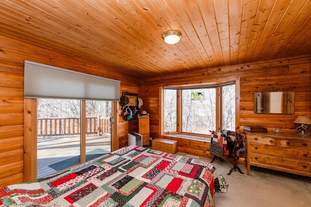 bedroom featuring access to outside, carpet floors, wooden walls, and wooden ceiling