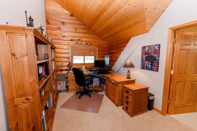 carpeted home office featuring wooden ceiling, log walls, and lofted ceiling