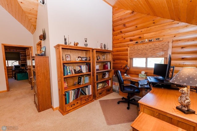 home office with high vaulted ceiling, light colored carpet, rustic walls, and wooden ceiling