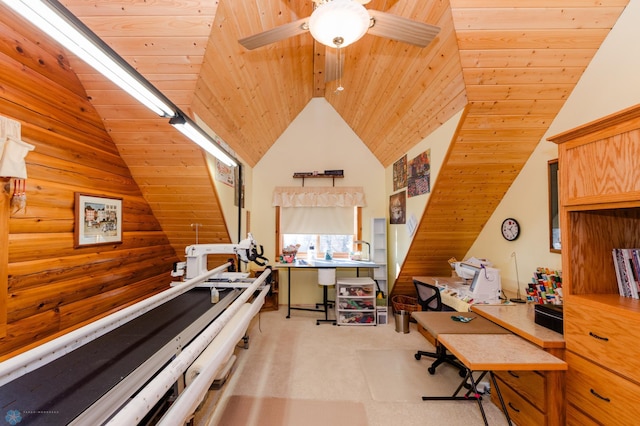 carpeted home office featuring high vaulted ceiling, ceiling fan, and wooden ceiling