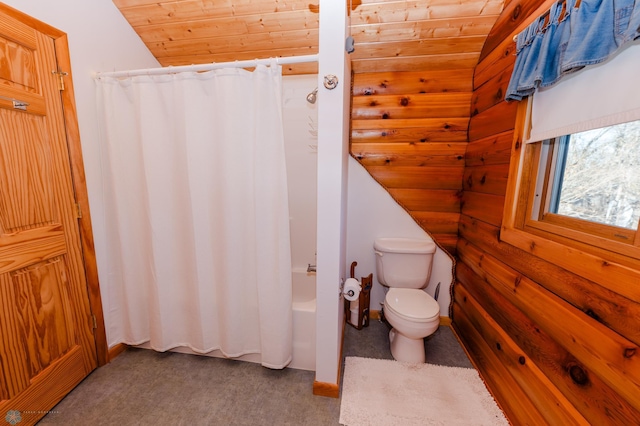 bathroom with toilet, shower / bath combination with curtain, wood ceiling, and vaulted ceiling