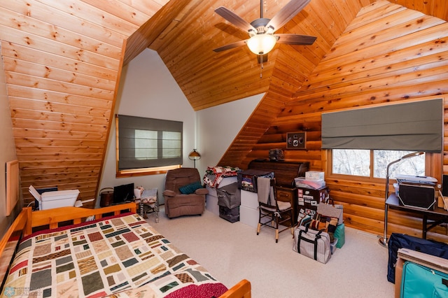 bedroom with carpet, ceiling fan, and wooden ceiling