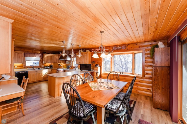 dining room with rustic walls, wood ceiling, an inviting chandelier, sink, and light hardwood / wood-style flooring