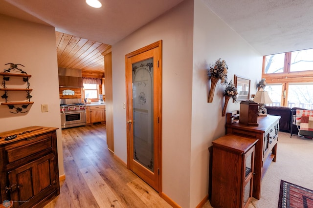 corridor featuring a wealth of natural light, wood ceiling, and light hardwood / wood-style flooring