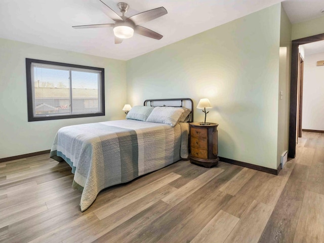 bedroom with ceiling fan and light wood-type flooring