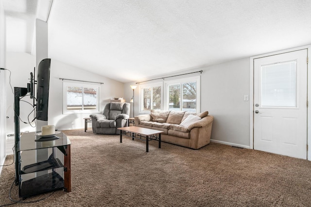 living room with carpet floors, vaulted ceiling, and a textured ceiling