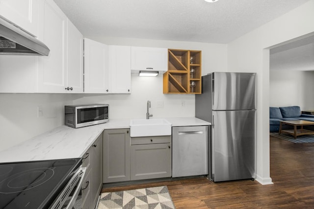 kitchen with gray cabinets, stainless steel appliances, dark wood-type flooring, and ventilation hood