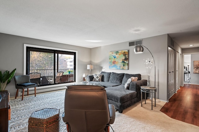 living room featuring hardwood / wood-style floors, a textured ceiling, and a baseboard heating unit