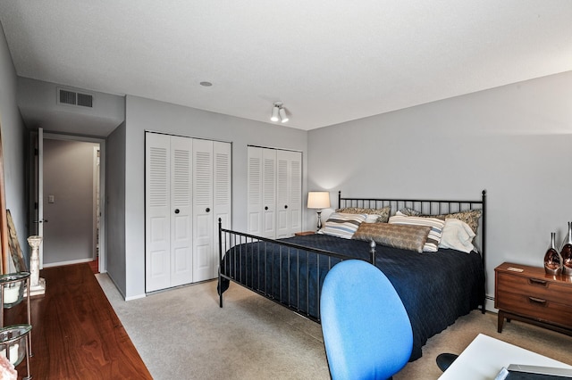 carpeted bedroom featuring two closets and baseboard heating