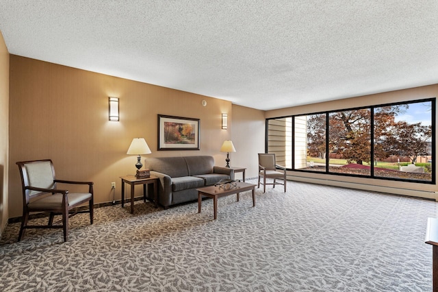 living room with carpet flooring, a textured ceiling, and baseboard heating