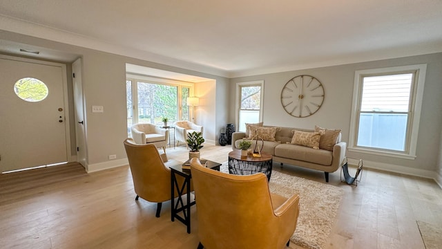 living room featuring light hardwood / wood-style floors and a wealth of natural light