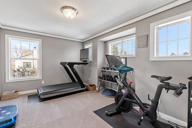 workout area with a textured ceiling and carpet