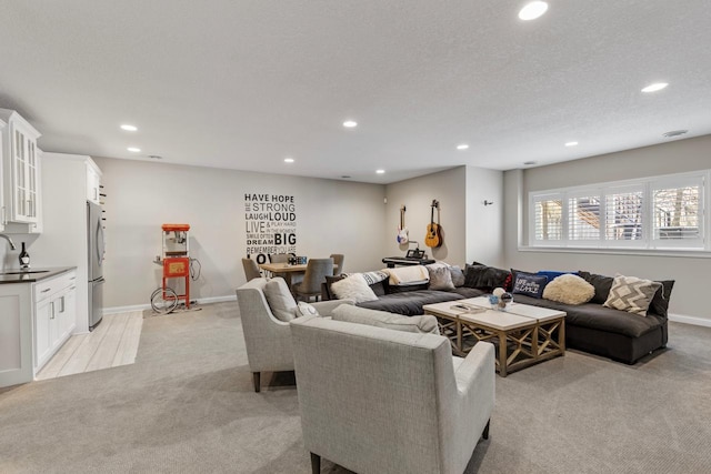 carpeted living room featuring sink and a textured ceiling