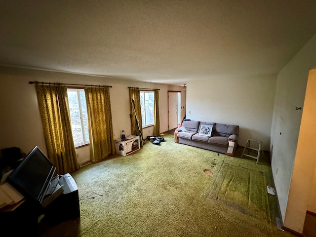 interior space with a textured ceiling, carpet, and a healthy amount of sunlight