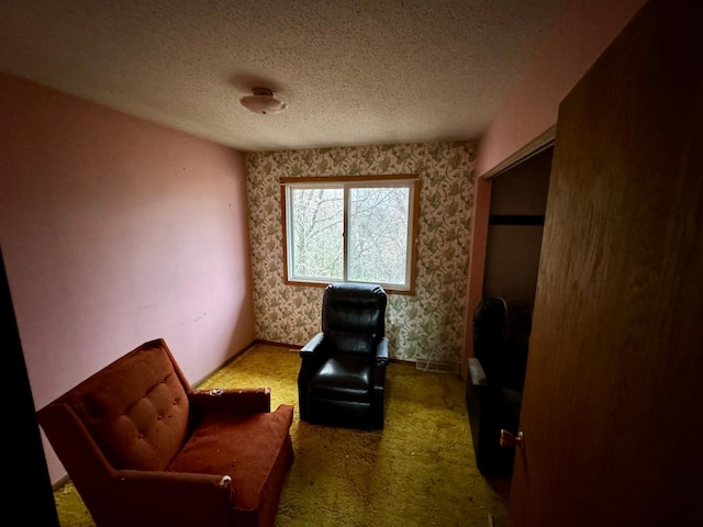 sitting room featuring carpet flooring and a textured ceiling