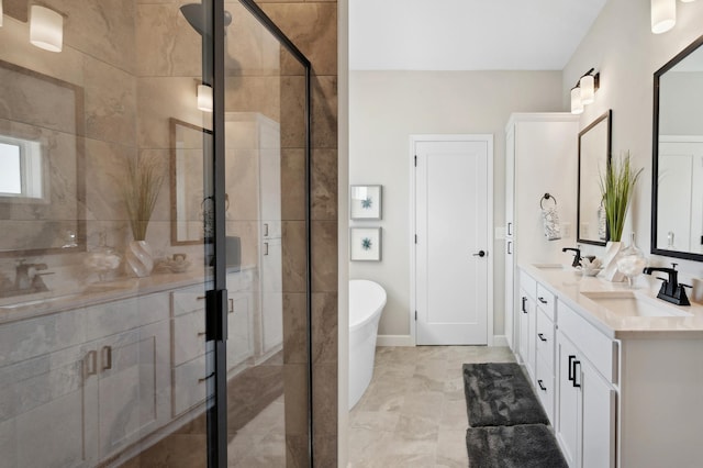 bathroom featuring independent shower and bath and vanity