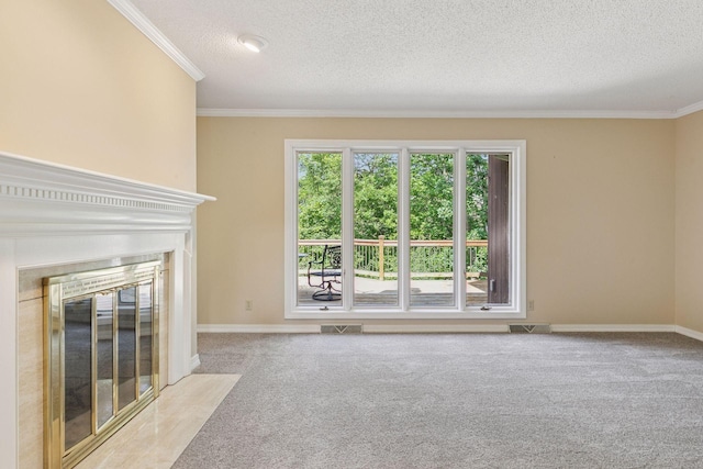 6517 Crackleberry Trl, Woodbury, MN 55129 - unfurnished living room featuring crown molding, carpet, a fireplace with flush hearth, and a textured ceiling