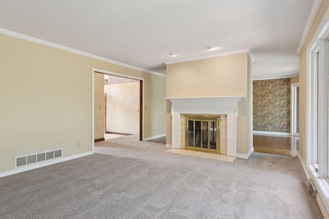 6517 Crackleberry Trl, Woodbury, MN 55129 - unfurnished living room featuring crown molding, carpet floors, a fireplace with flush hearth, and a textured ceiling