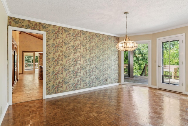 6517 Crackleberry Trl, Woodbury, MN 55129 - unfurnished room with a textured ceiling, ornamental molding, and wallpapered walls