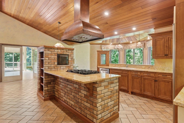 6517 Crackleberry Trl, Woodbury, MN 55129 - kitchen featuring island range hood, wood ceiling, stainless steel dishwasher, light stone counters, and gas cooktop