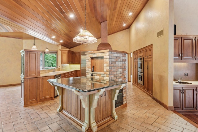 6517 Crackleberry Trl, Woodbury, MN 55129 - kitchen with wood ceiling, recessed lighting, a kitchen breakfast bar, a peninsula, and decorative backsplash