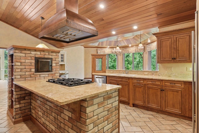 6517 Crackleberry Trl, Woodbury, MN 55129 - kitchen featuring island range hood, black gas stovetop, wood ceiling, brown cabinetry, and light stone counters