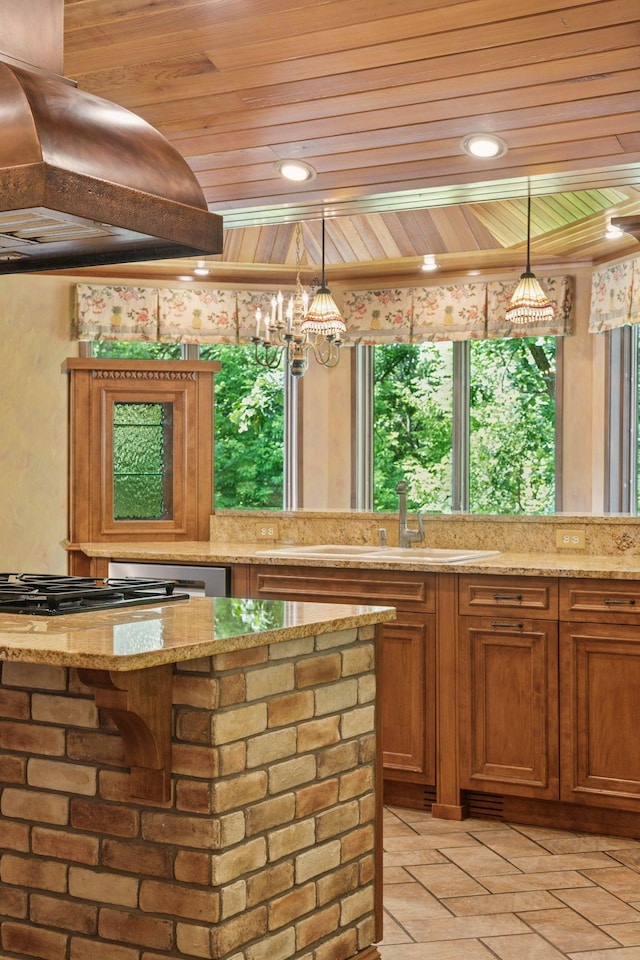 6517 Crackleberry Trl, Woodbury, MN 55129 - bar area with extractor fan, wood ceiling, pendant lighting, a chandelier, and gas stovetop