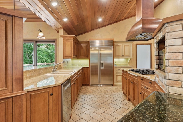 6517 Crackleberry Trl, Woodbury, MN 55129 - kitchen with stainless steel appliances, island range hood, brick floors, wood ceiling, and light stone counters