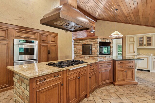 6517 Crackleberry Trl, Woodbury, MN 55129 - kitchen with black gas stovetop, island range hood, stainless steel oven, wood ceiling, and a warming drawer