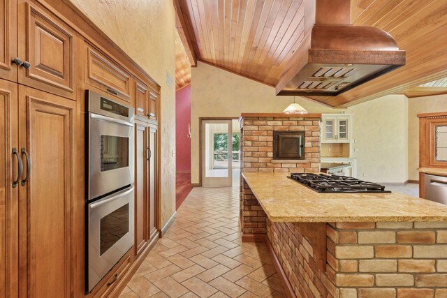 6517 Crackleberry Trl, Woodbury, MN 55129 - kitchen with double oven, ventilation hood, black gas stovetop, wooden ceiling, and brick flooring
