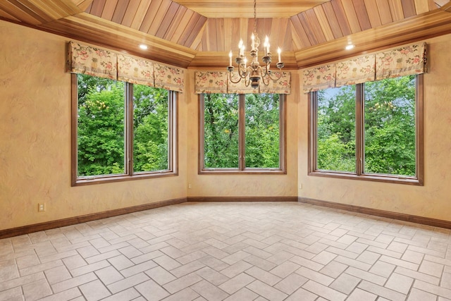 6517 Crackleberry Trl, Woodbury, MN 55129 - spare room featuring a chandelier, wood ceiling, brick patterned flooring, and lofted ceiling