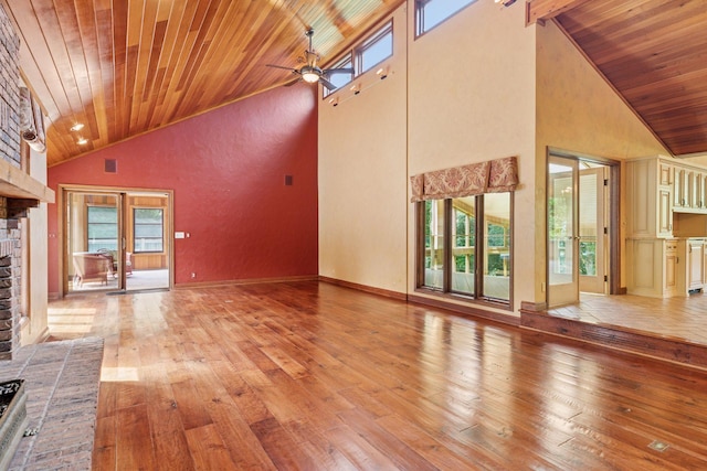 6517 Crackleberry Trl, Woodbury, MN 55129 - unfurnished living room featuring wooden ceiling, a fireplace, high vaulted ceiling, plenty of natural light, and ceiling fan