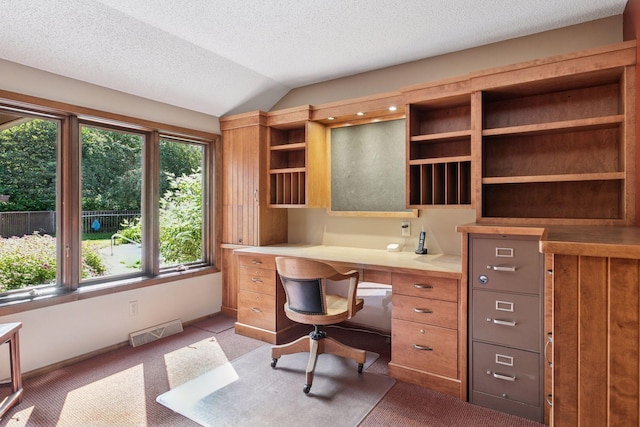 6517 Crackleberry Trl, Woodbury, MN 55129 - office area with built in study area, light carpet, lofted ceiling, and a textured ceiling