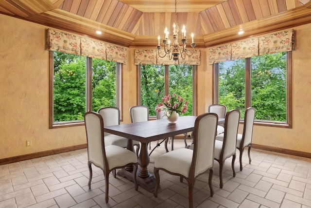6517 Crackleberry Trl, Woodbury, MN 55129 - dining room with a chandelier, wooden ceiling, plenty of natural light, vaulted ceiling, and a textured wall